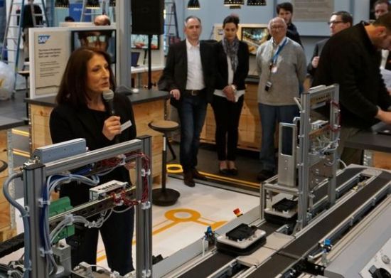 German software maker SAP displays a model of an Industry 4.0 production line at the Hannover Messe in Germany.
