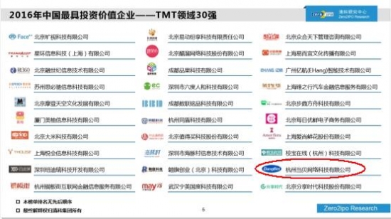 当贝网络荣获“2016中国最具投资价值企业-TMT领域30强”