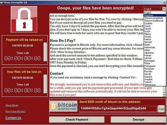 WannaCry勒索病毒感染电脑界面