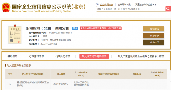 乐视控股被列入异常名录,贾跃亭直接持股92.07%