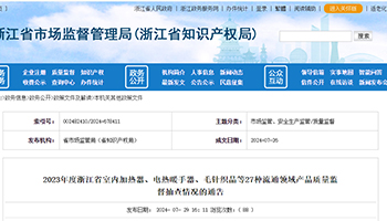 2023年度浙江省室內(nèi)加熱器、電熱暖手器等27種流通領(lǐng)域產(chǎn)品質(zhì)量監(jiān)督抽查情況的通告